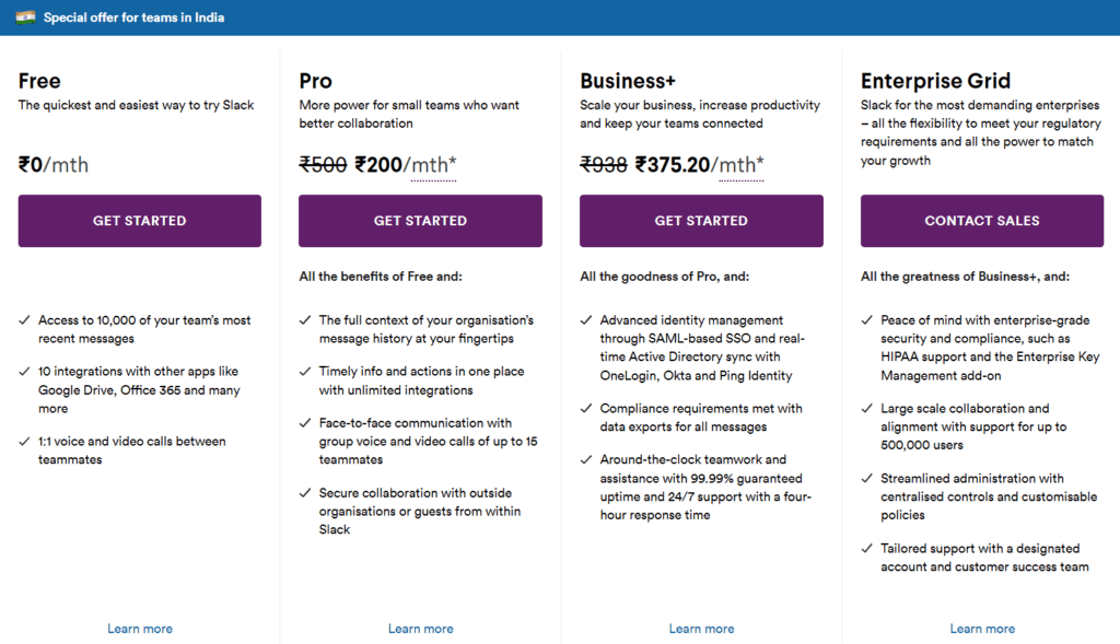 Slack pricing plans